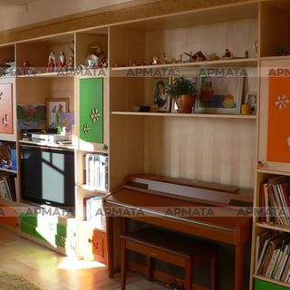 Шкаф-стеллаж для игрушек и книг в комнату девочек. Шпон ясеня и вставки из МДФ под эмалью.